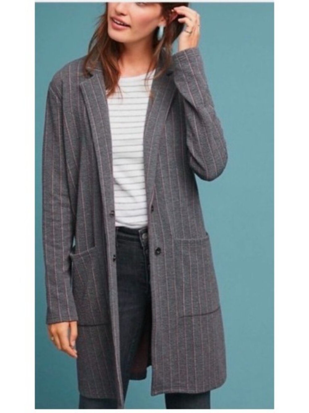 Harlyn by Anthropologie Long Jacket Blazer Women's Size Small Gray Striped NWT